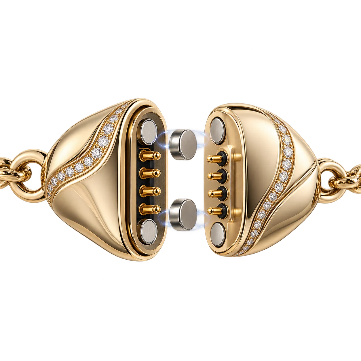 Self-aligning magnetic jewelry clasp with power-and-data contacts