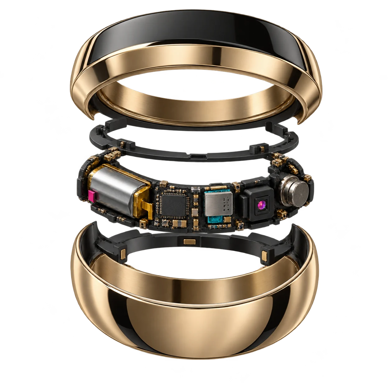 Exploded smart ring containing the battery, controller, radio, motion sensor, and haptic hardware