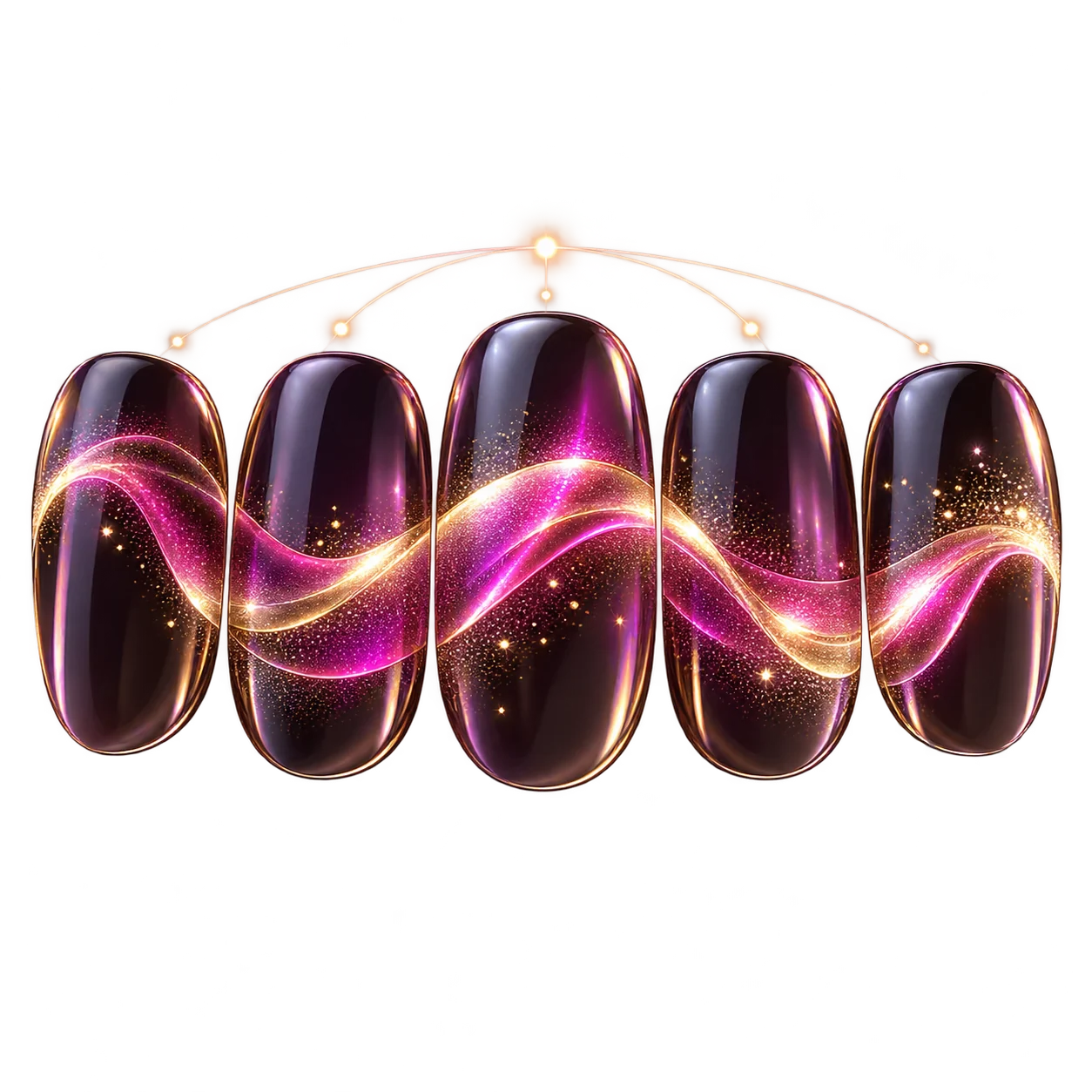 Five coordinated display nails forming one continuous luminous image