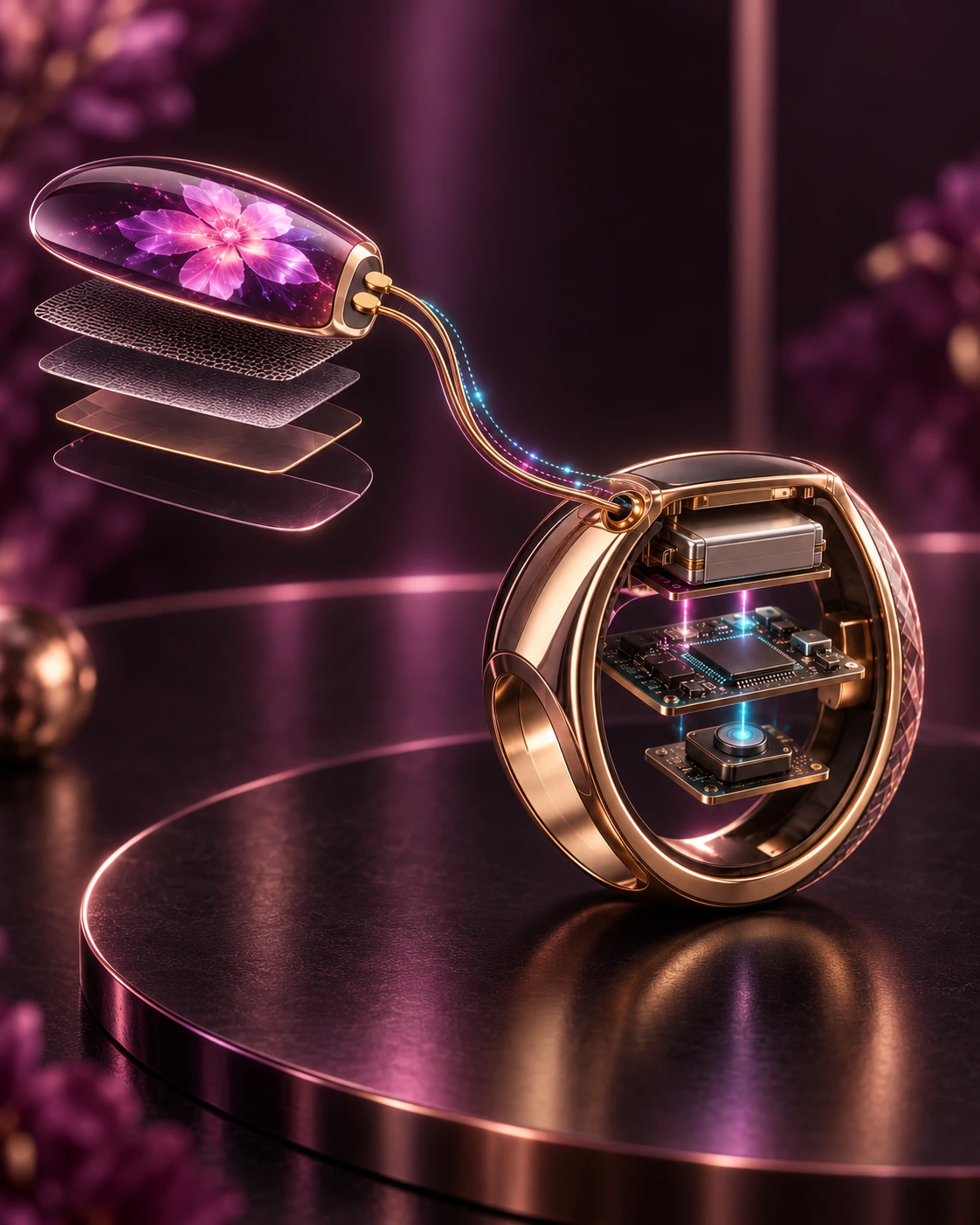 Portrait exploded visualization of a left-facing passive display nail connected at its base to the electronics inside a smart ring