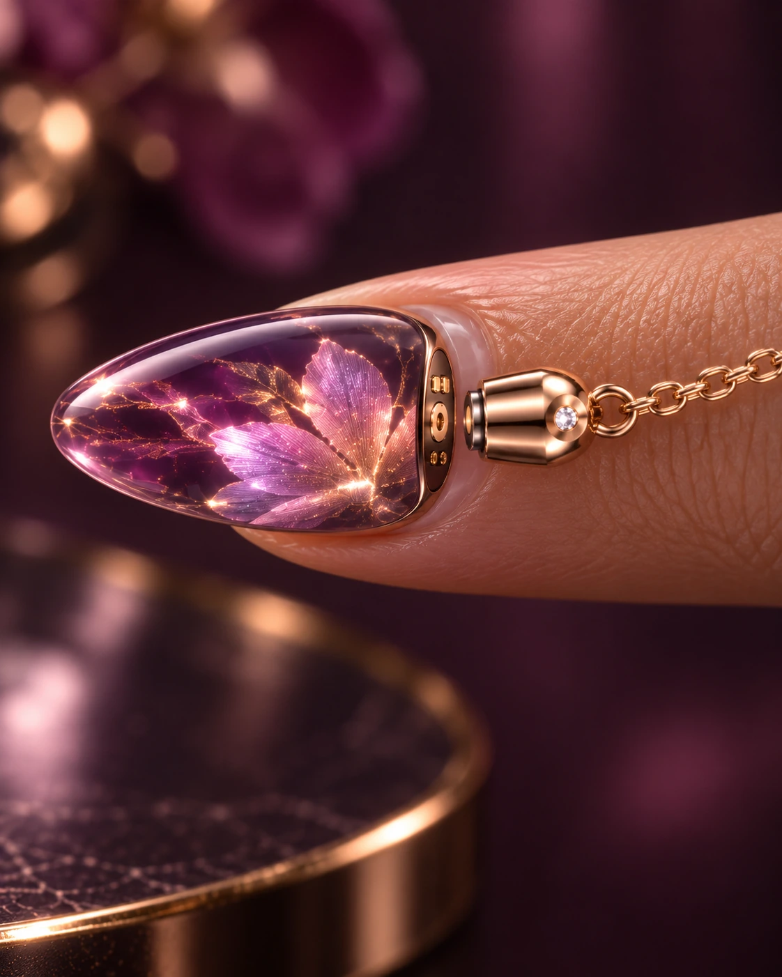 A magnetic jewelry clasp connecting a fine chain conductor at the cuticle-side base of a display nail