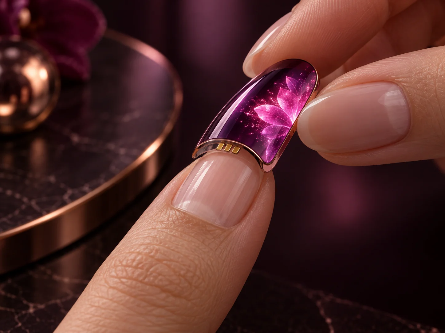 A curved passive display nail being fitted onto a natural fingernail