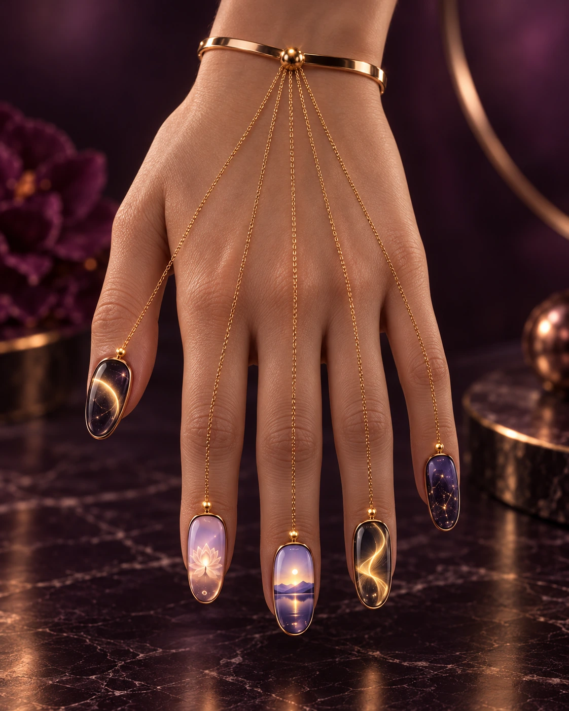 Back of a five-finger hand with gold jewelry chains terminating at each display nail cuticle