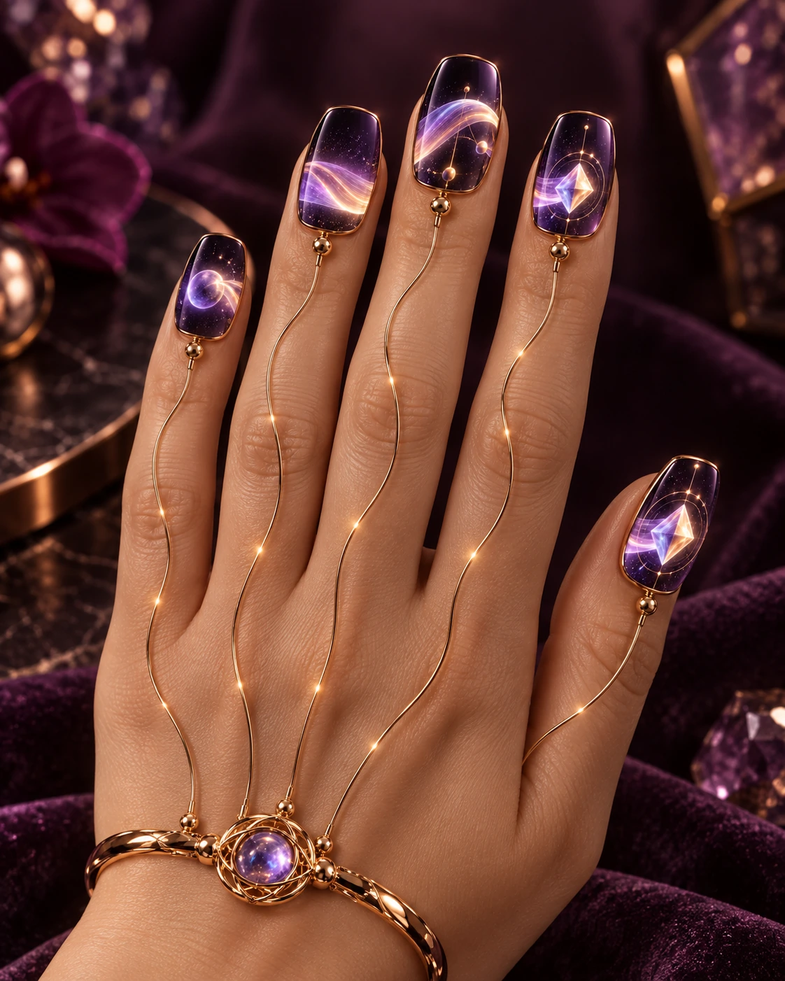 Five coordinated display nails forming one continuous celestial canvas with connectors at the cuticles