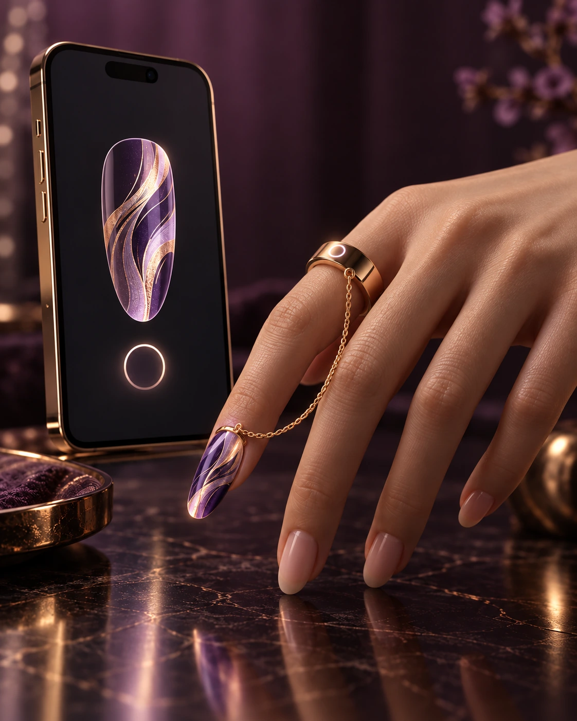 A phone beside a smart ring whose gold chain connects to an electronic nail at the cuticle