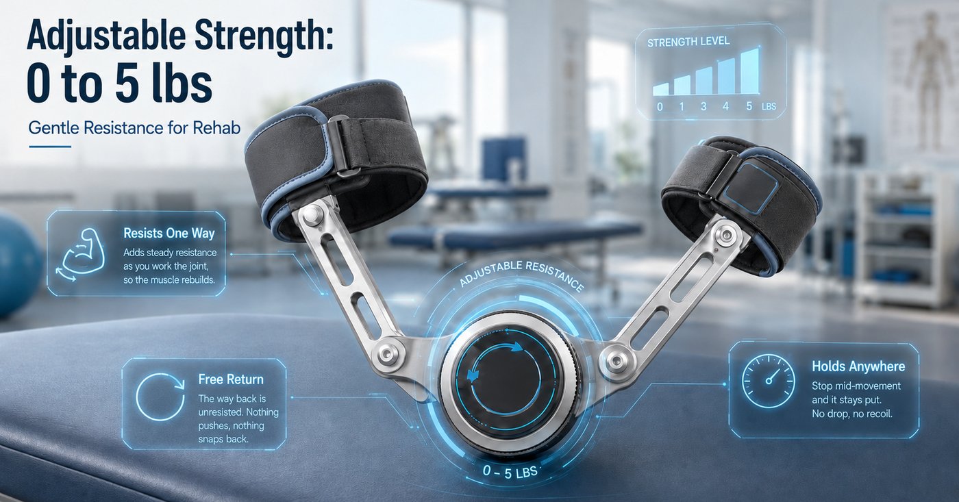 Newhab — adjustable strength from 0 to 5 lb: resists one way as you work the joint, unresisted on the return, and holds anywhere you stop