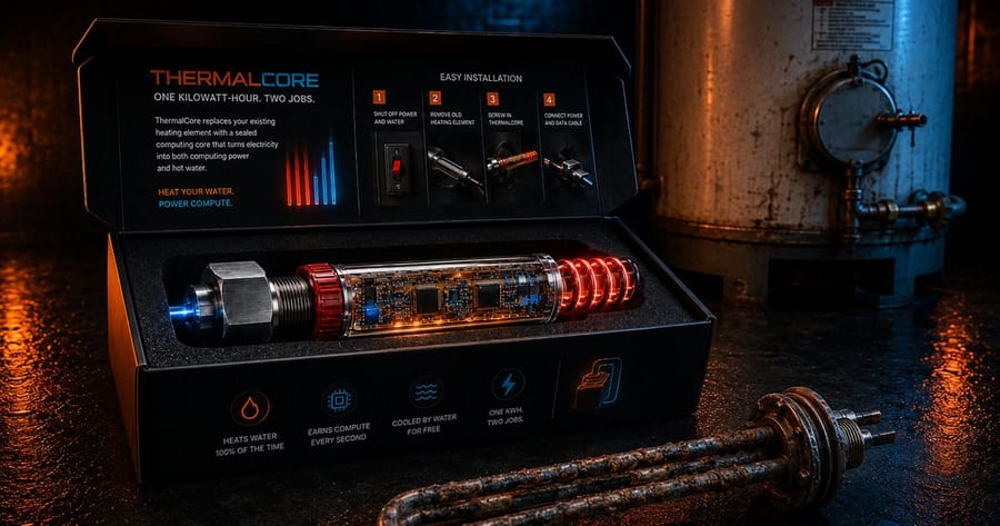 ThermalCore module — a sealed computing core that heats water while it computes