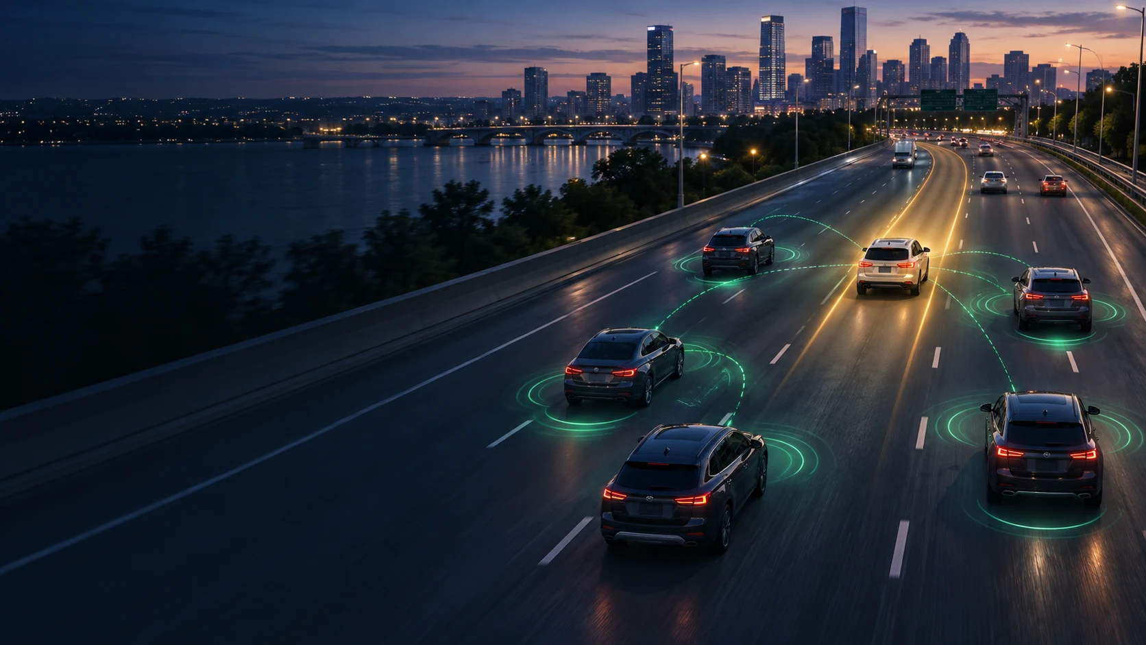 Connected vehicles safely coordinating to open a temporary traffic corridor at blue hour