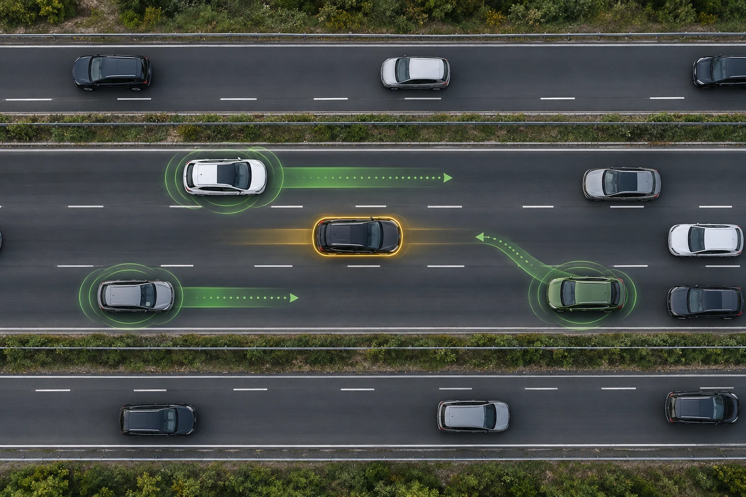 Top-down concept visualization of several vehicles coordinating safe lane and gap movements