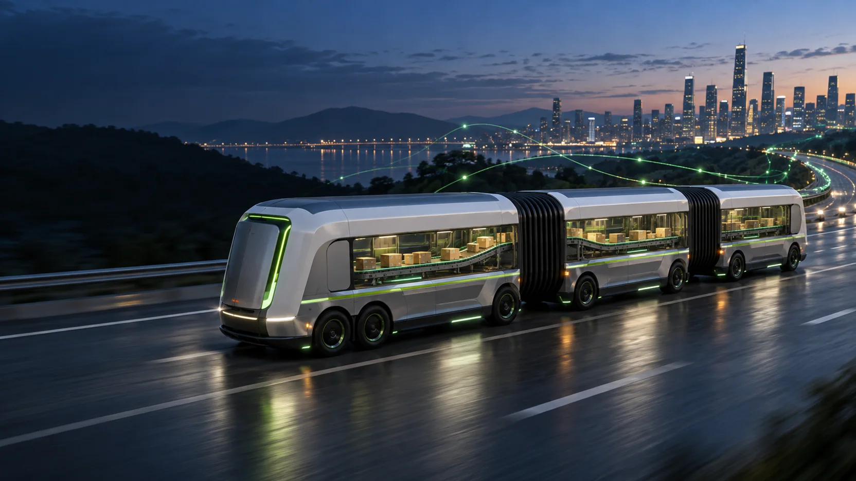 Three connected autonomous cargo vehicles transferring packages through a continuous internal route at blue hour