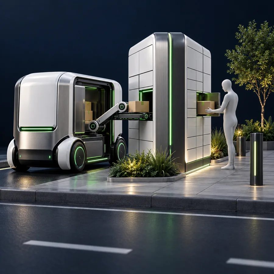 Three-dimensional cargo vehicle loading a double-sided roadside parcel locker