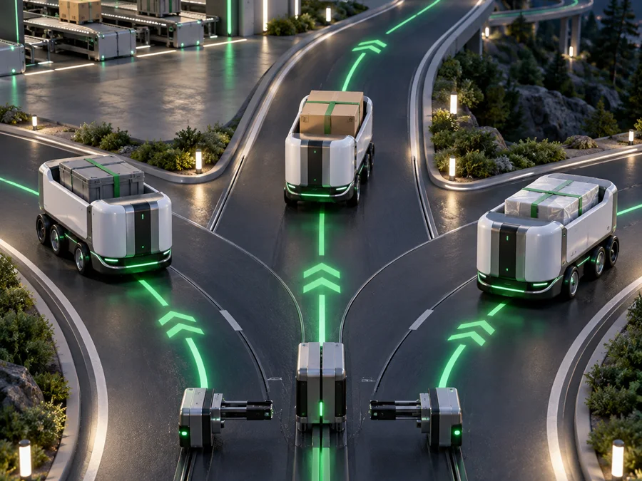 Autonomous cargo vehicles separating and continuing along different routes with assigned cargo