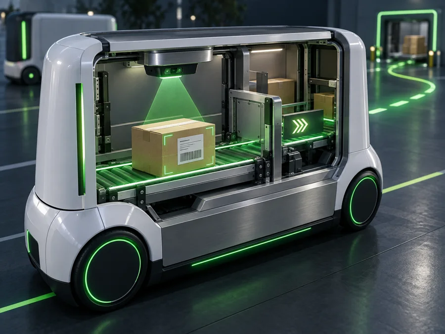 A destination-addressed package being scanned inside an autonomous cargo vehicle