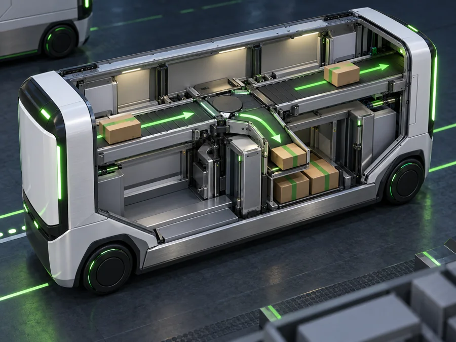 A powered internal turnout directing packages between a main conveyor and local storage