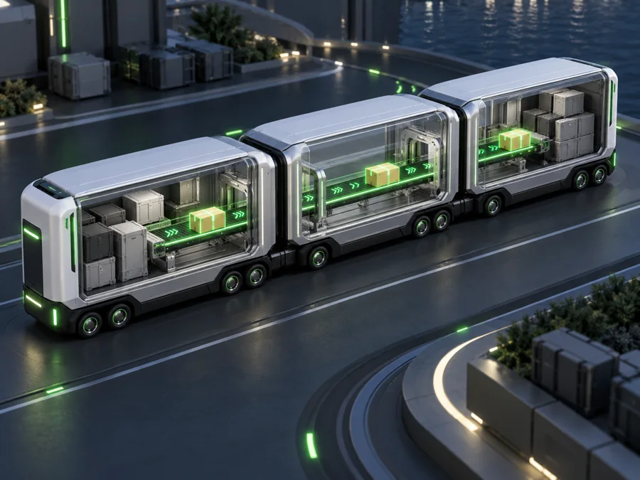 A highlighted package moving across three connected cargo vehicles through the middle vehicle